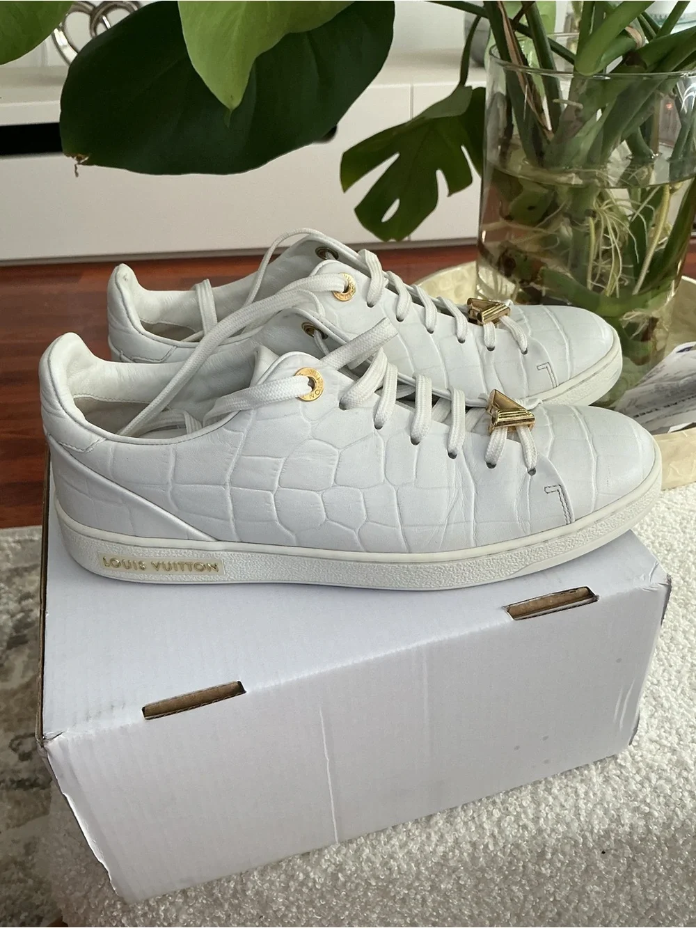 Louis Vuitton White Croc-Embossed Sneakers with Gold V Accents